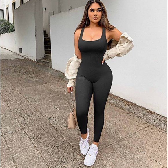 Pants - Women's Yoga Ribbed One Piece Tank Tops Romper Jumpsuit M